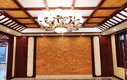 中原镇中式别墅客厅中式木作横梁吊顶装饰展示